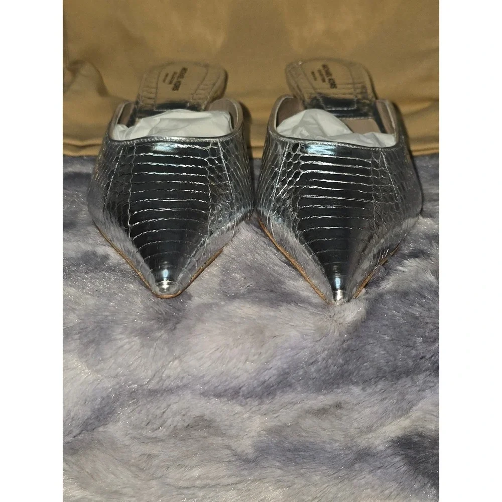 NWB Michael Kors Collection Calista Silver Metallic Snake Print Mule SZ 6.5‎
